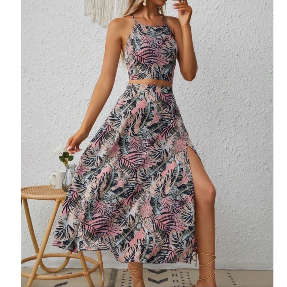 Boho Floral Tropical Print Crop Top Midi Skirt Set XS S M L XL